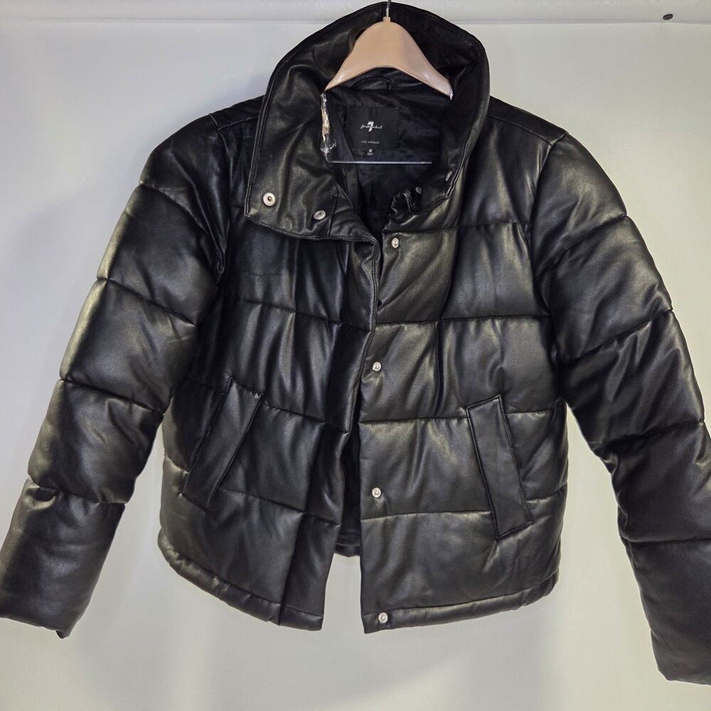 7 For All Mankind Black Faux Leather Puffer Jacket Medium